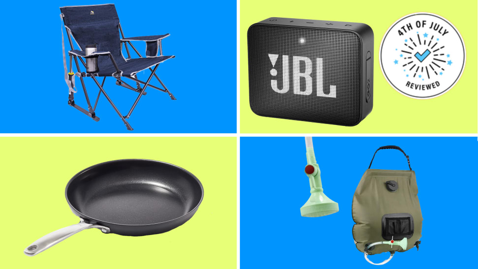 An outdoor chair, portable speaker, frying pan, and portable shower set against a blue and yellow background.