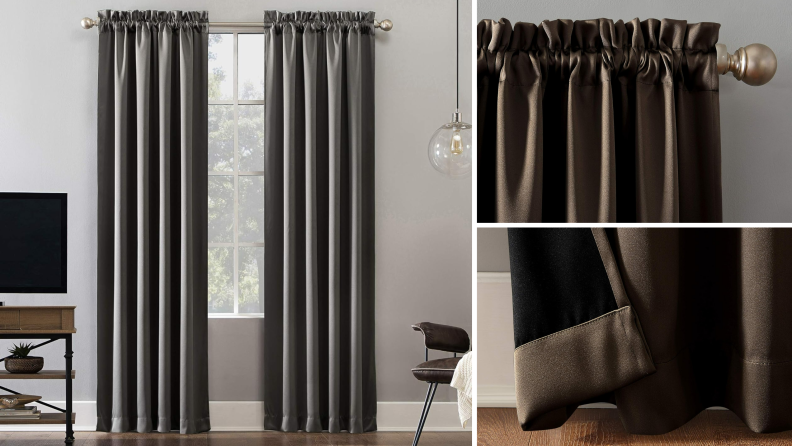 Sun Zero blackout curtains, left, with details of rod pocket hanging at top and backing material, below.