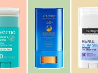 Sunscreen sticks from Aveeno, Shiseido, and Neutrogena against brightly colored backgrounds.