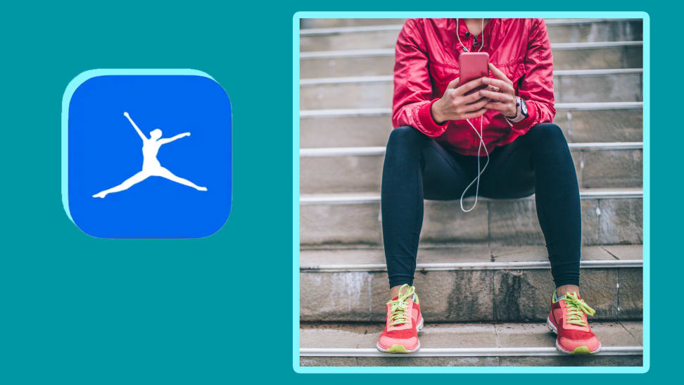 MyFitnessPal logo next to someone sitting on the stairs with workout gear on.