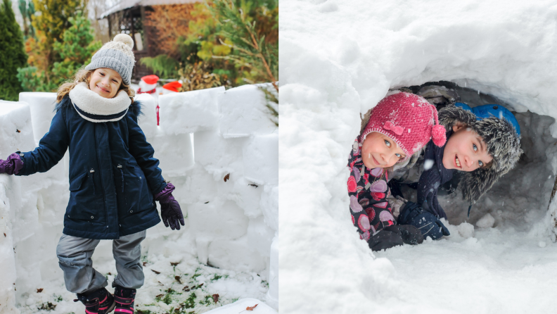 At left, a girl in a blue coat stands in front of a wall made of snow bricks; at right, a boy and a girl peek out of a cave made of snow
