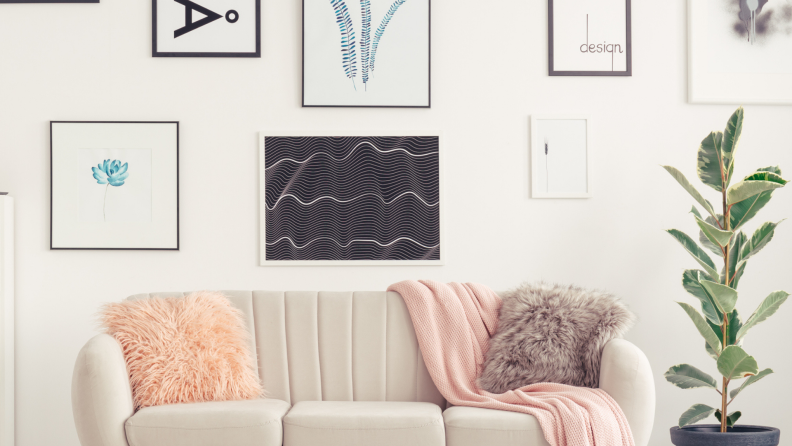 A small gallery or office interior has been decorated with a couch, fur pillow, and a tall green plant. Minimalistic art prints are hung on the wall: flowers and plants, lines forming abstract shapes, and word art.