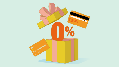 An illustration featuring a gift box opening to show a zero percent symbol and two credit card.