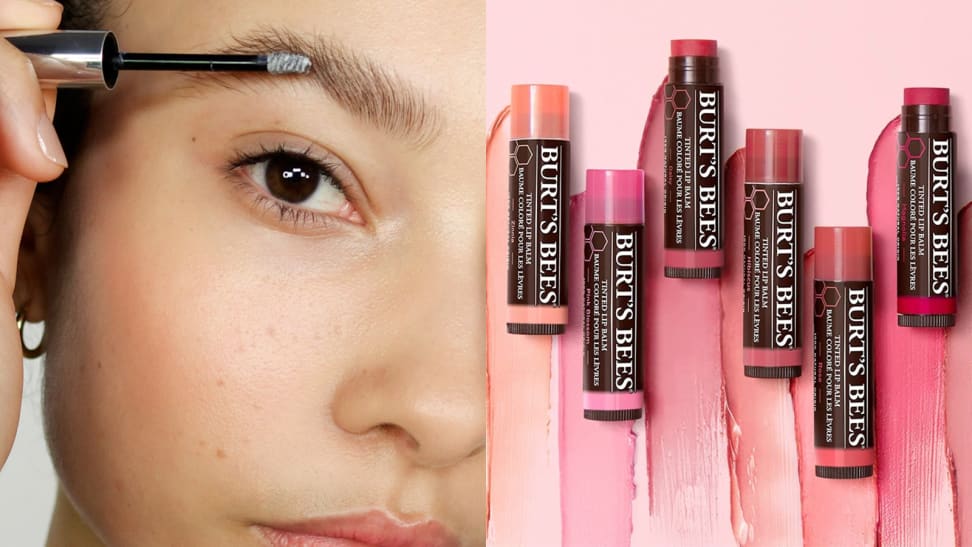 On the left: A closeup of a person applying the Glossier Boy Brow in clear to their eyebrows. On the right: Six shades of a Burt's Bees lip balm lay on a pink background with swatches of the colors underneath the tubes.