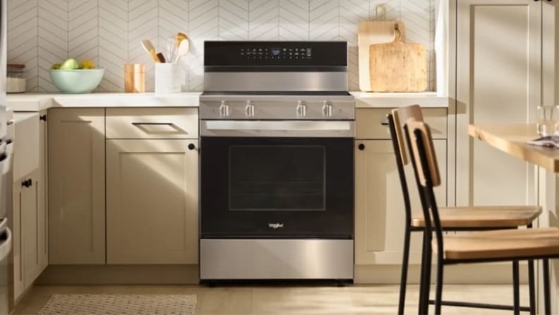 The Whirlpool WFES7530RZ electric range in a kitchen.
