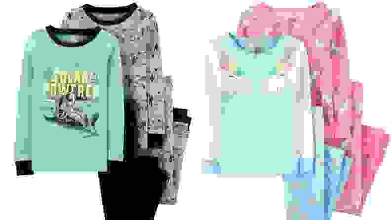 Side-by-side image of a set of green space pajamas next to an image of blue unicorn pajamas