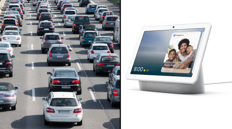 Traffic on a highway and Google Nest Hub Max