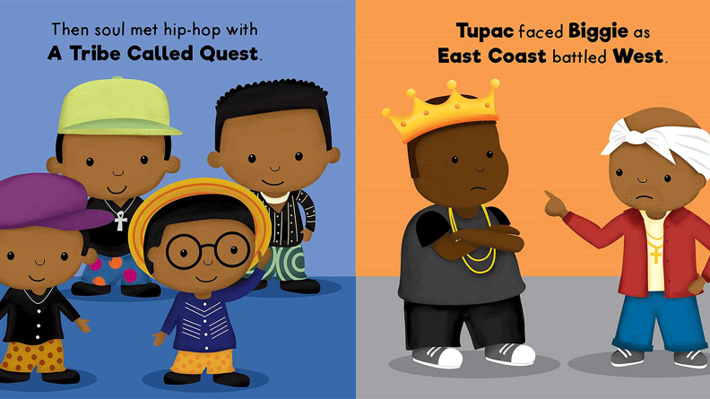 A page from The Story of Rap showing illustrations of famous rappers.