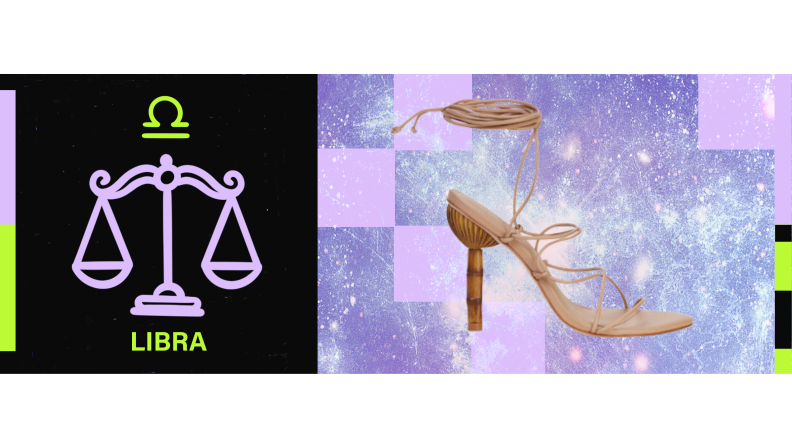 On the left is an illustration of the zodiac sign for Libra. On the right is TK.