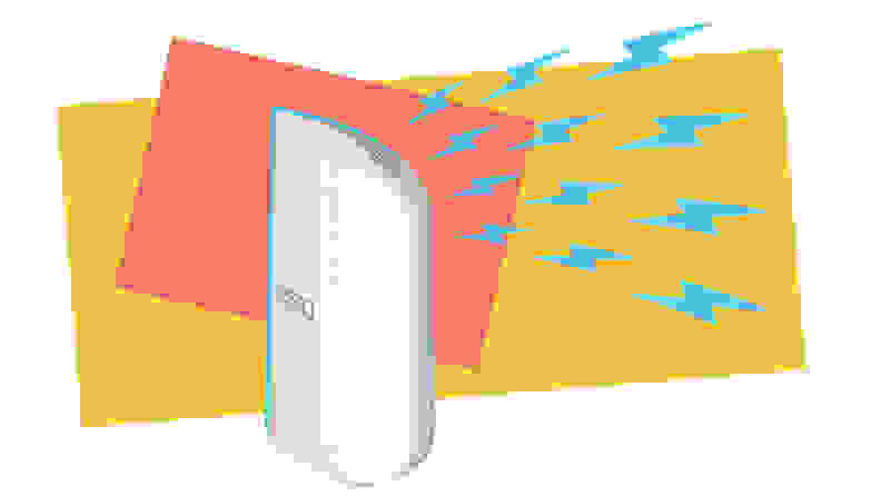 An internet router box with cartoon lightening bolts in front of colorful background.