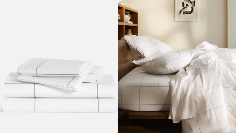 On left, stack of white and gray sheets from Brooklinen. On right, disheveled bed cover with white and gray Brooklinen sheets in bedroom.