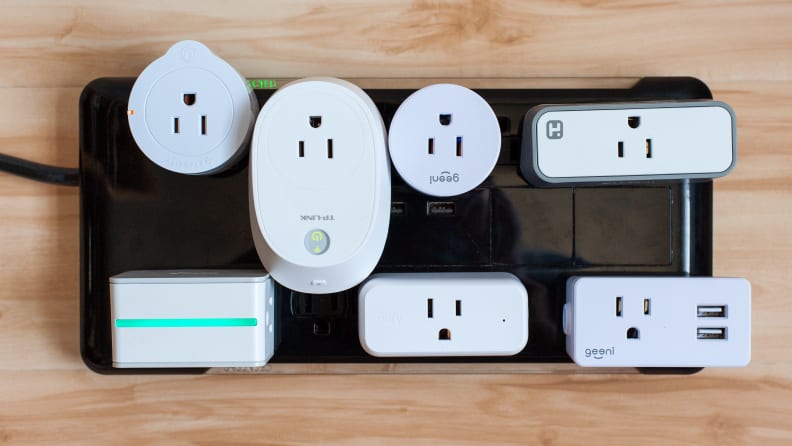 An array of smart plugs, which turn traditional wall sockets into ones that can be controlled remotely.