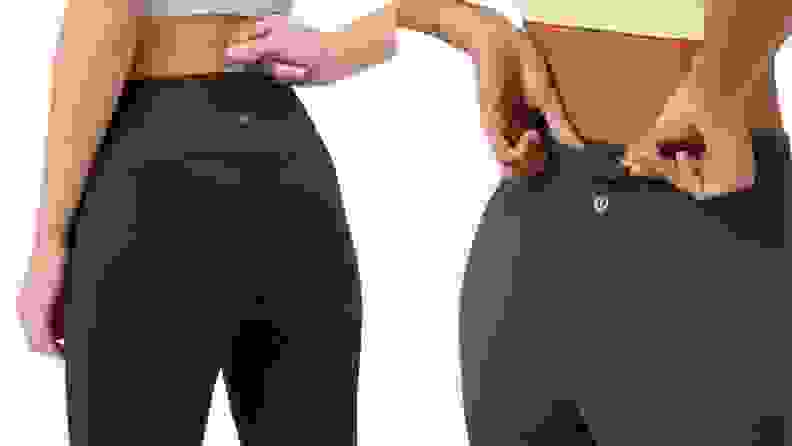 A closeup of the zippered back waist pocket on Lululemon Align joggers
