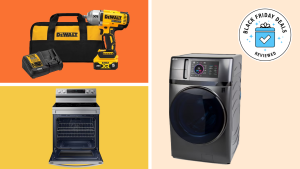 A collage of discounted Lowe's appliances and tools with a Black Friday badge.