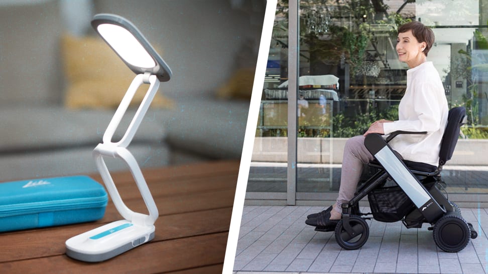 Left: A Lili lamp on a desk; center: CES logo; right: A person using an electric wheelchair