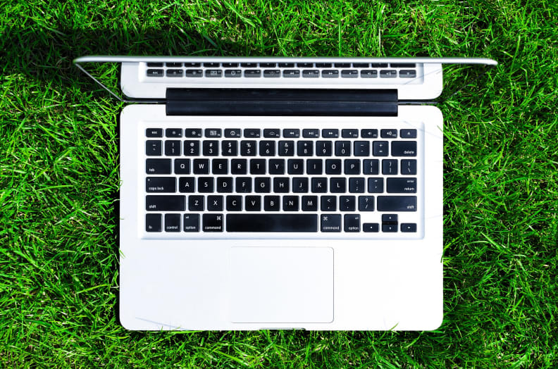 Laptop outside in grass