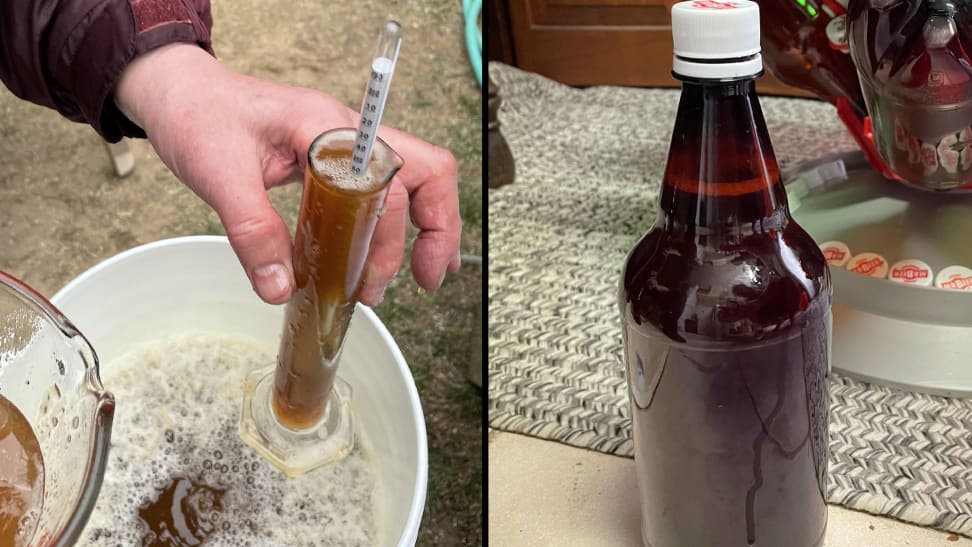 A composite of two images. On the left my dad holds a graduated cylinder, checking our wort for its specific gravity. On the right, our finished product: bottled home-brewed beer.