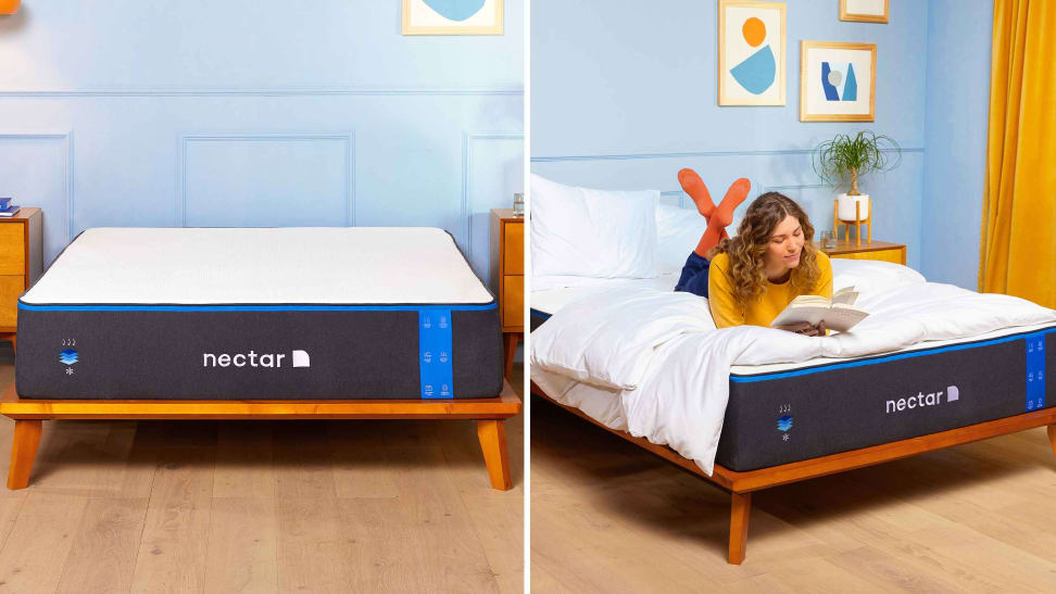 Woman laying on a Nectar mattress in a blue bedroom