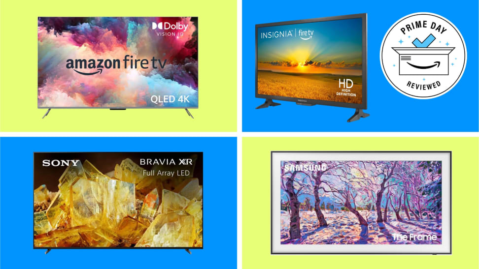 A collage of TVs with the Prime Day Reviewed badge in front of colored backgrounds.