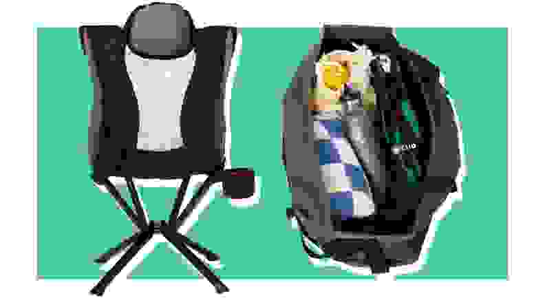 Cliq lounge chair and open Cliq back with folded chair, water bottle, and towel, all on a green background