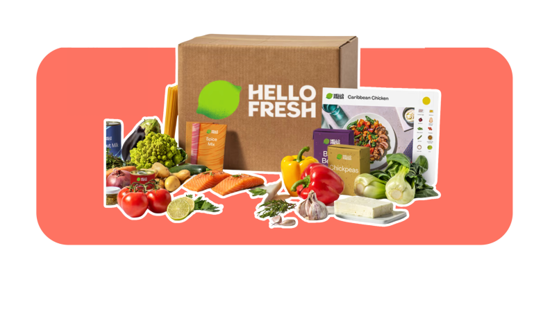 A meal delivery from HelloFresh on a coral background