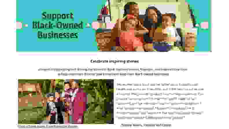 Screenshot of a website imploring folks to support Black-owned businesses online. It includes photos of two Black families.