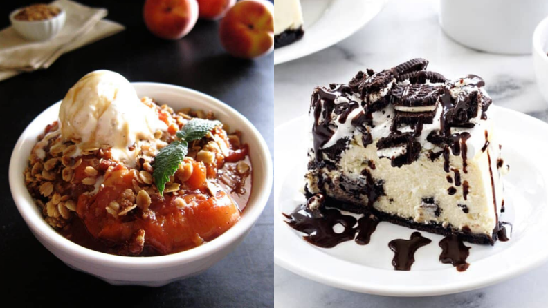 On left, a bowl of peach crisp topped with pecans, fresh mint, and ice cream. On right, a slice of Oreo cheesecake on a white plate.