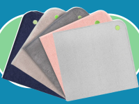 Product shot of five Peapod Mats in navy, tan, charcoal gray, pink and light gray colors.