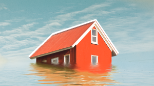 A red house sinking in a flood.