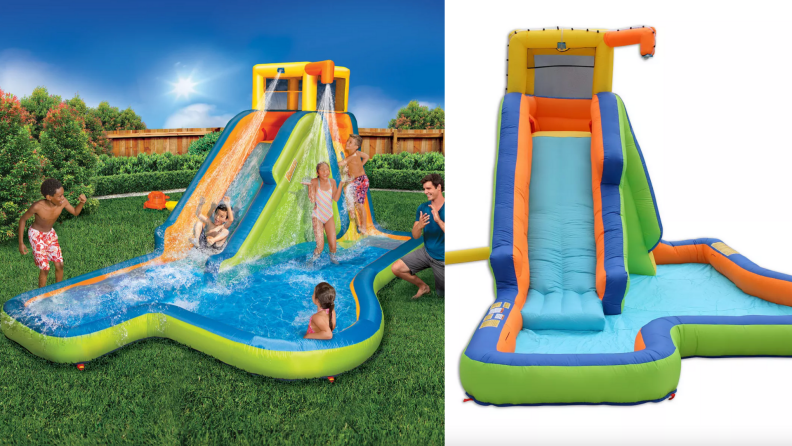 On left, children playing outdoors on multi-colored Banzai Slide ‘N’ Soak Splash Park.