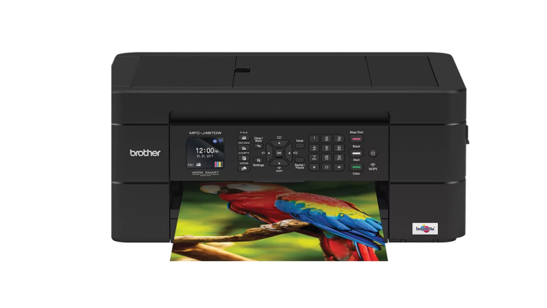 An image of a black Brother printer with a photo copy sitting in the tray.