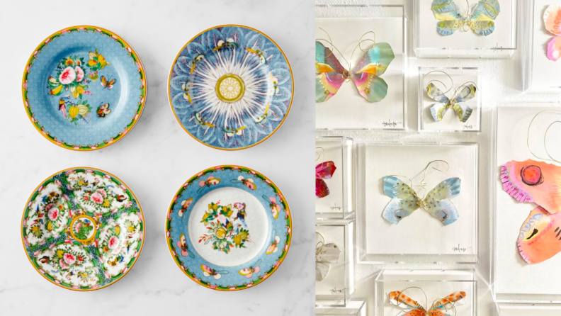 1) four colorful plates hanging on a wall. 2) Shadow boxes with artwork.