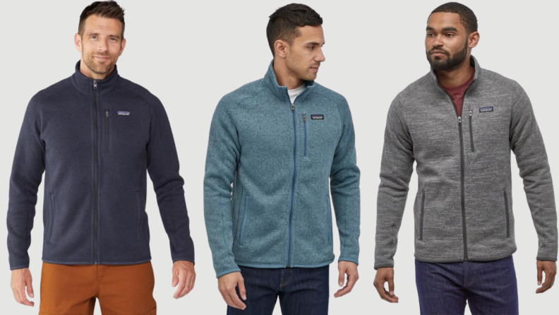 Three models wear Patagonia pull-over zipped sweater.