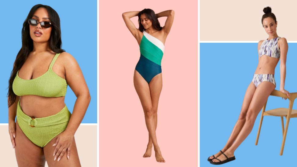 Models wearing bathing suit: A green bikini, a one-shoulder one-piece colorblocked option, and a blue printed bikini.