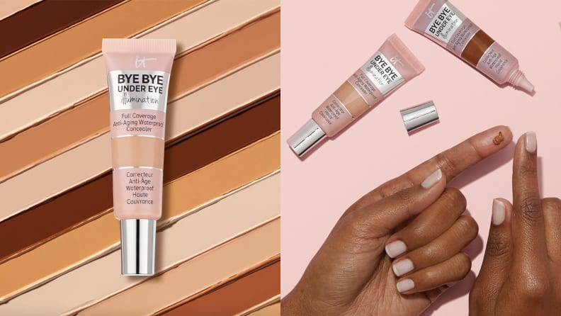 On the left: A squeeze tube of makeup concealer with a background of its color swatches. On the right: Two concealer tubes sit at the top of a pink background and a hand with a tiny amount of concealer on one finger rests below the tubes.