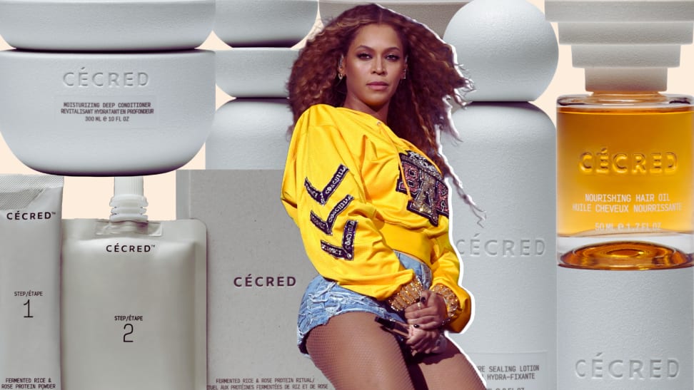 Collage of Beyonce in the middle surrounded by products from her haircare brand Cecred