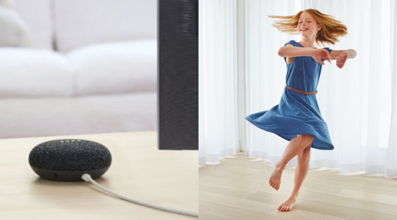 A side-by-side of a Nest Mini smart speaker and a young girl dancing