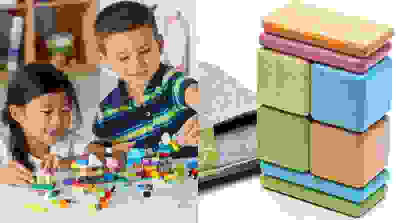 Two children smiling while playing with Lego blocks. On right, multi-colored children's blocks stacked together.