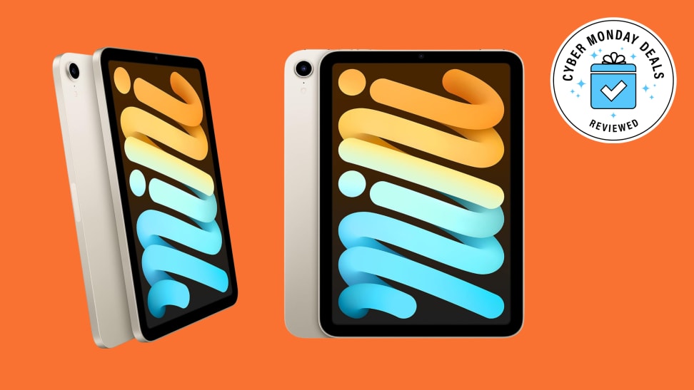 Two shots of an iPad Mini against an orange background.