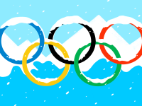 An illustration of the Olympic rings covered in snow, in front of snow-capped blue mountains.