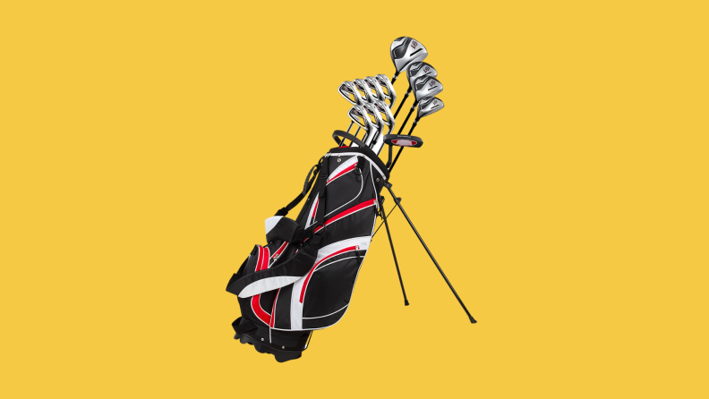 A set of golf clubs in a bag on a yellow background.