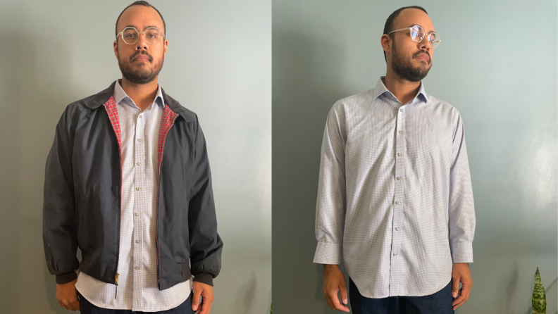 man wearing bomber jacket over Twillory shirt, man wearing Twillory dress shirt