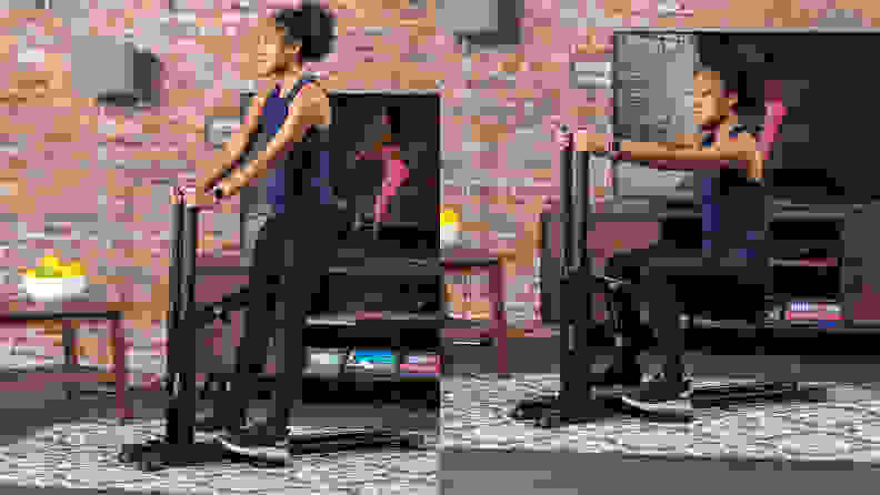 woman using db method squat machine
