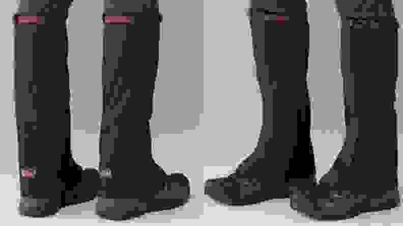 A split image offers front and back views of gaiters wrapped around a model's lower legs. These are meant to keep snow and other debris from getting into the boots.