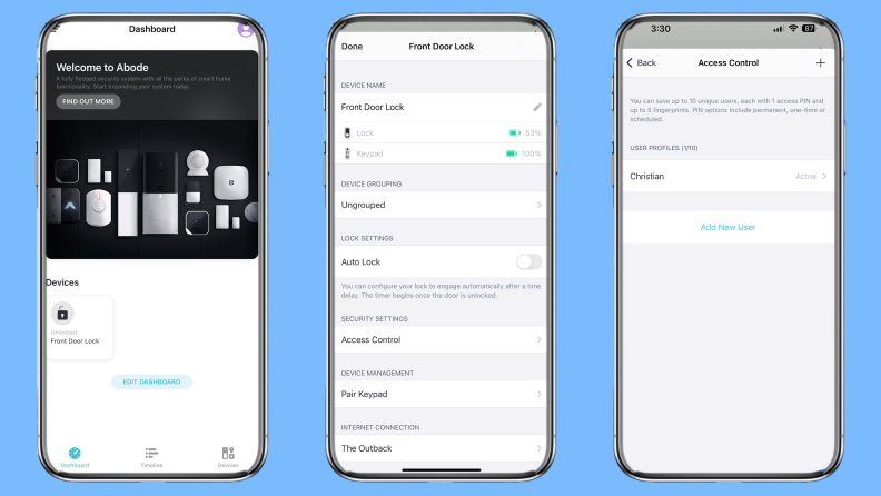 Three iPhone screenshots from the Abode app showing the front door lock, home dashboard, and access control.