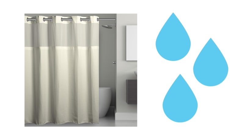 A white shower curtain in a bathroom