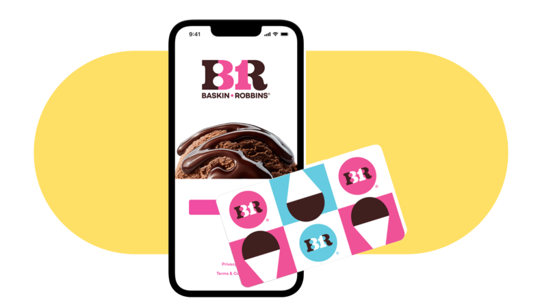 A Baskin-Robbins gift card on a yellow background.