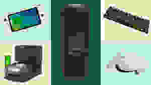 Various tech gadgets on green background