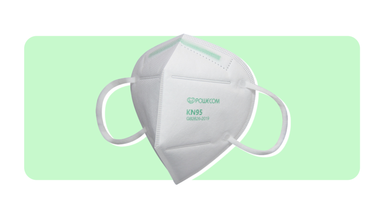 A Powecom face mask in the color white on a green and white background.