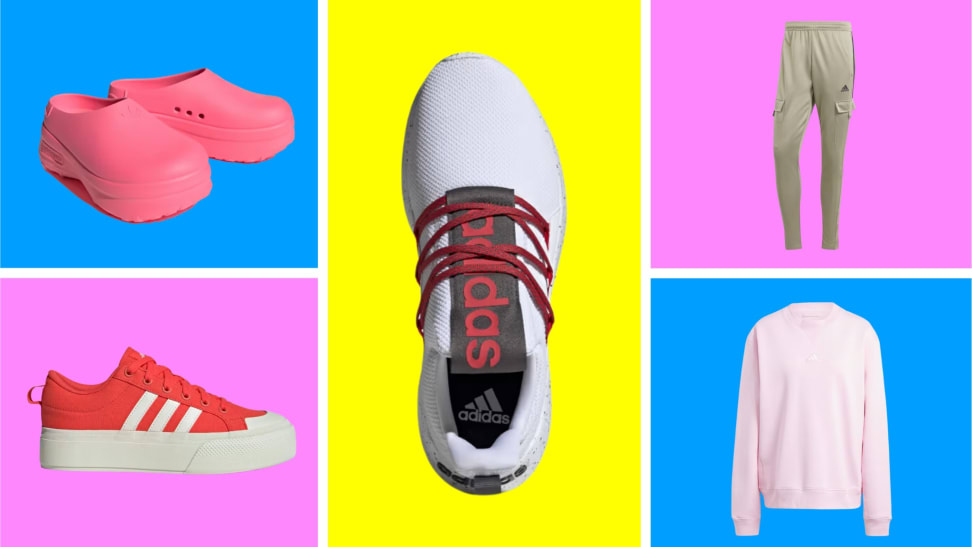 A collection of adidas styles in front of colored backgrounds.